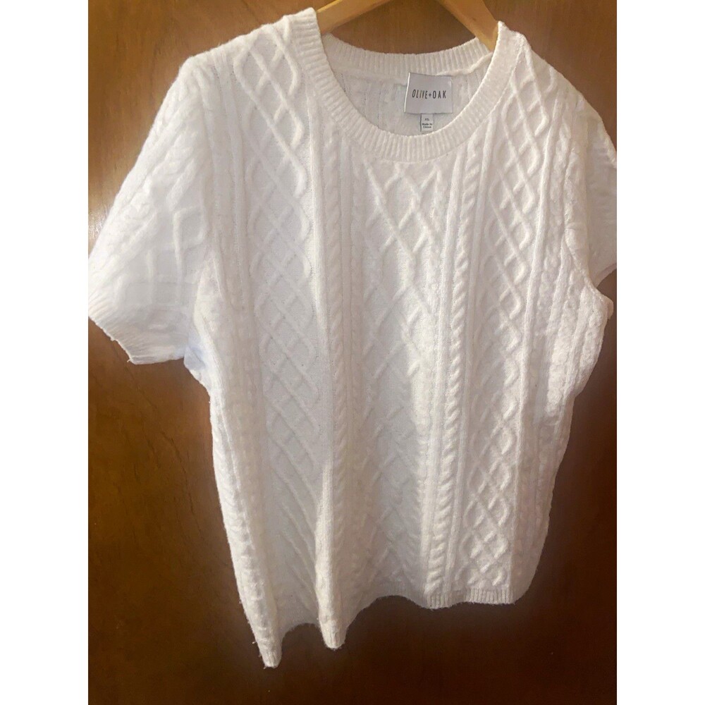 Olive + Oak White Solid Cable Knit Crew Neck Short Sleeve Stretch Sweater XL